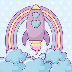 kawaii rocket with clouds and rainbow