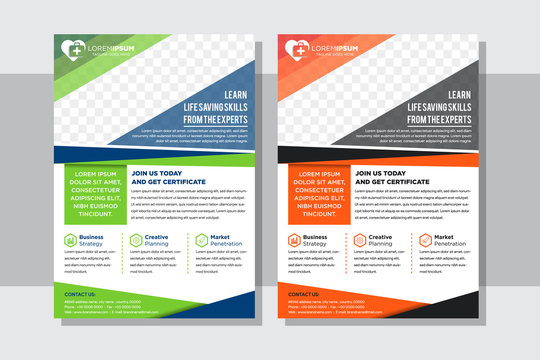 Abstract geometric medical flyer with vertical layout and white background. Set of Brochure use green, blue, orange and black colors in element design. Space for photo. 