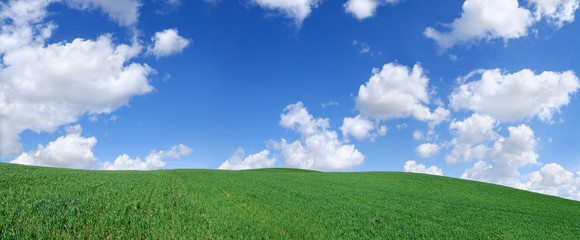 Fototapeta premium Idyllic view, green hills and blue sky with white clouds
