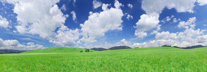 Obraz na płótnie Canvas Idyllic view, green hills and blue sky with white clouds
