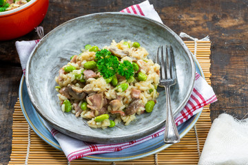 Bacon and mushroom risotto with edamame beans