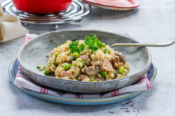 Bacon and mushroom risotto with edamame beans