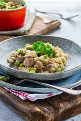 Bacon and mushroom risotto with edamame beans