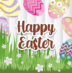 happy easter design with grass, flowers and easter eggs, colorful design