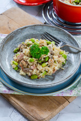 Bacon and mushroom risotto with edamame beans