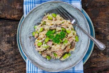 Bacon and mushroom risotto with edamame beans - overhead view
