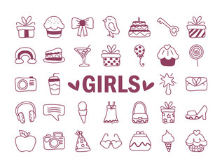 set of icons of girl on white background, line style icon
