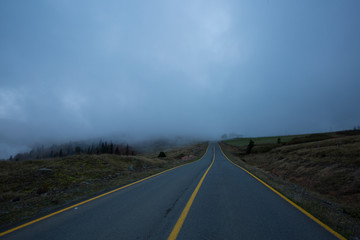scary road with dark foggy yellow stripe
