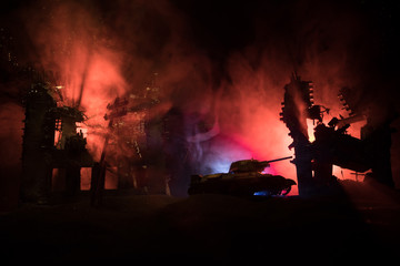 War Concept. Military silhouettes fighting scene on war fog sky background, World War Soldiers...