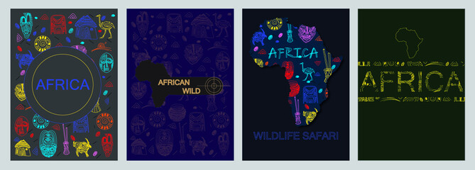Set of Africa travel traditional artworks & masks suitable for travel booklet covers, book covers, brochures, travel memorabilia cards
