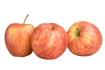 still life of three apples with ponytails on a white background