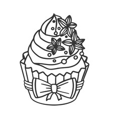 Illustration of a muffin with decorations at the top in the form of flowers and balls. Packaging with a bow. Hand drawn coloring with cupcakes, cakes, candies in doodle style  on white background.