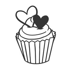 Illustration of a muffin with two hearts at the top. Hand drawn coloring with cupcakes, cakes, candies in doodle style isolated on white background.