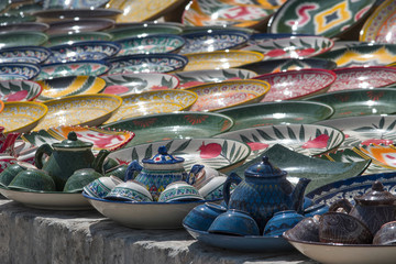 Uzbek traditional souvenir plates and utensil. Bukhara, Uzbekistan.