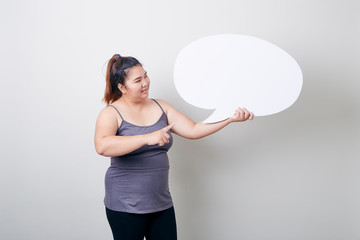woman holding speech bubble empty