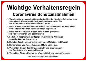 ks530 Kombi-Schild - deutsch: - Wichtige Verhaltensregeln: Coronavirus Schutzmaßnahmen - Hände waschen - SARS-CoV-2-Infektion / Grundsatz, Anweisungen - 8 Punkte Plan / Poster - DIN A2 A3 A4 - g9186