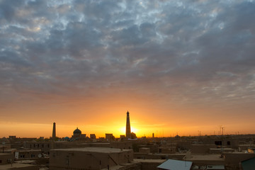 Sunrise view at Itchan Kala (old or inner town), one of the most authentic and interesting place in the country. Khiva, Uzbekistan, Central Asia.
