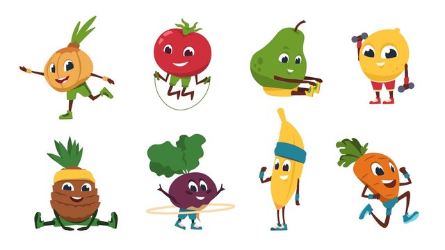 Fruits fitness. Vegetables cartoon characters doing fitness exercises and sport activities. Vector illustration cute and funny healthy food set in sports training poses