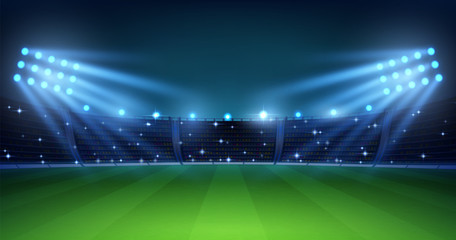 Realistic football arena. Soccer playing field at night with illuminate bright stadium lights, green grass and tribunes. Vector illustration background for football championship or match team © SpicyTruffel