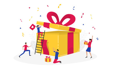 Program reward stock illustration. such as giveaway, loyalty program, surprise, birthday, christmas and others. vector graphics flat design with people