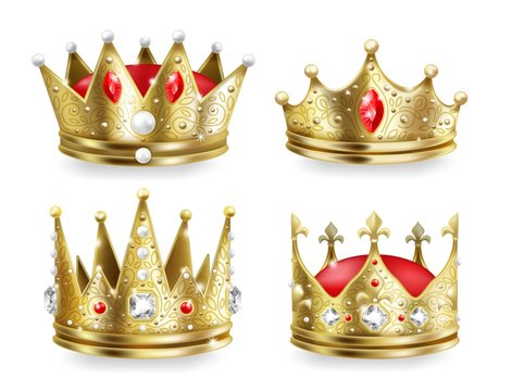 Realistic crowns. Kings and queens golden royal headdress, 3D medieval emperor luxury collection. Vector illustration isolated golden monarch crown with luxurious jewel and gemstone set