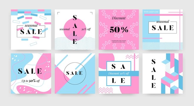 Square sale banner. Promotion layout design template with abstract geometry shapes, social media advertising flyers. Vector set newsletter with style illustration promo signage