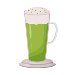 Matcha latte cartoon vector illustration. Herbal drink in tall glass mug flat color object. Mint beverage in cup. Natural cocktail. Cafeteria tableware. Green tea isolated on white background