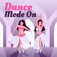 Exotic oriental dancers show social media post mockup. Dance mode on phrase. Web banner design template. Bellydance booster, content layout with inscription. Poster, print ads and flat illustration
