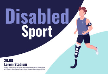 Disabled sport competition banner flat vector template. Brochure, poster concept design with cartoon characters. Handicapped sportsman training horizontal flyer, leaflet with place for text
