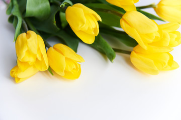 Yellow tulips lie on a white table