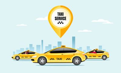 Taxi service flat color vector illustration. Yellow cab driver 2D cartoon character with cityscape on background. Express car delivery, professional passenger transportation service. City travel