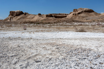 Desert landscape. Salt soil and Toprak-Kala fortress (ancient Capital of Khorezm) on the background. Karakalpakstan, Uzbekistan, Central Asia.