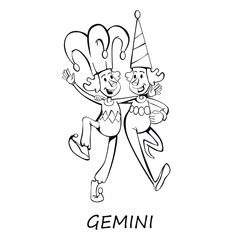 Gemini zodiac sign people outline cartoon vector illustration. Twins in jester costumes. Ready to use 2d character template for commercial, animation, printing design. Isolated comic hero