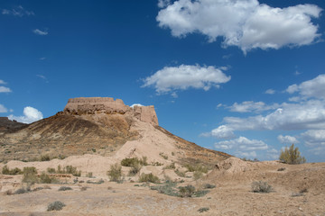 Desert landscape. Ayaz-Kala fortress (the most popular and picturesque fortress in the country). Nukus, Karakalpakstan, Uzbekistan, Kyzylkum Desert, Central Asia.