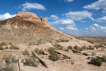 Desert landscape. Ayaz-Kala fortress (the most popular and picturesque fortress in the country). Nukus, Karakalpakstan, Uzbekistan, Kyzylkum Desert, Central Asia.