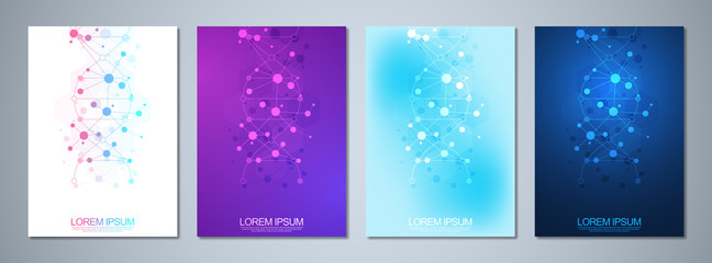 Set of template brochures or cover design, book, flyer, with molecules background and neural network. Abstract geometric background of connected lines and dots. Science and technology concept.