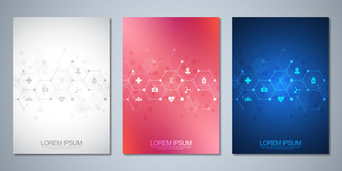 Fototapeta na wymiar Template brochure or cover book, page layout, flyer design. Concept and idea for health care business, innovation medicine, pharmacy, technology. Medical background with flat icons and symbols.