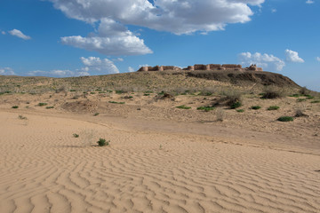 Desert landscape. Ayaz-Kala fortress (the most popular and picturesque fortress in the country). Nukus, Karakalpakstan, Uzbekistan, Kyzylkum Desert, Central Asia.