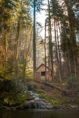 A lonely little hut in the forest next to a small stream with a waterfall and a misty, mysterious atmosphere. 
