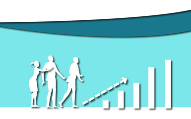 Business people looking over growth chart.  Paper cut design background with space for text.