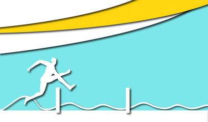 Businessman running  and jumping over barriers. Paper cut design background with space for text.