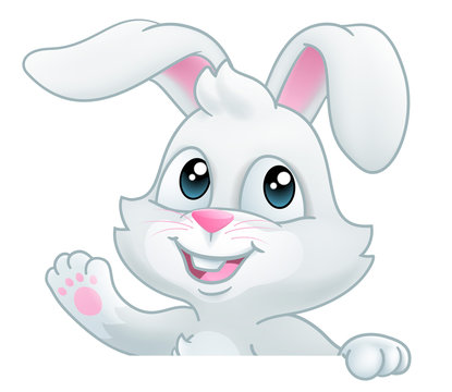 Easter bunny rabbit cartoon character peeking over a sign background and waving