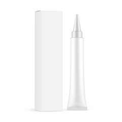 Plastic cosmetic tube with paper box isolated on white background. Vector illustration