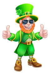 A Leprechaun St Patricks Day cartoon character mascot wearing cool sunglasses and giving a thumbs up