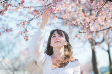 桜を見る女性