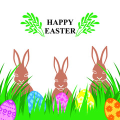 Easter card with decorative eggs on green grass