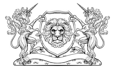 A crest coat of arms family shield seal featuring unicorn horned horses and lion