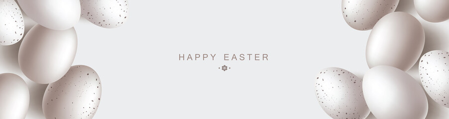 Minimalist Happy Easter Stylish Background with Natural White eggs Decoration and Greeting Text. Vector total White Easter Concept with realistic 3d eggs. Flat Lay. Top View