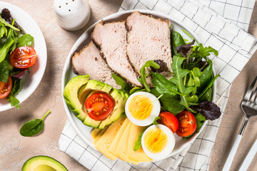 Keto diet plate on white table.
