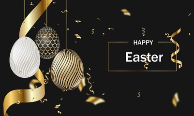 Golden Easter eggs with decorative patterns on black chalkboard background. Lettering Happy Easter